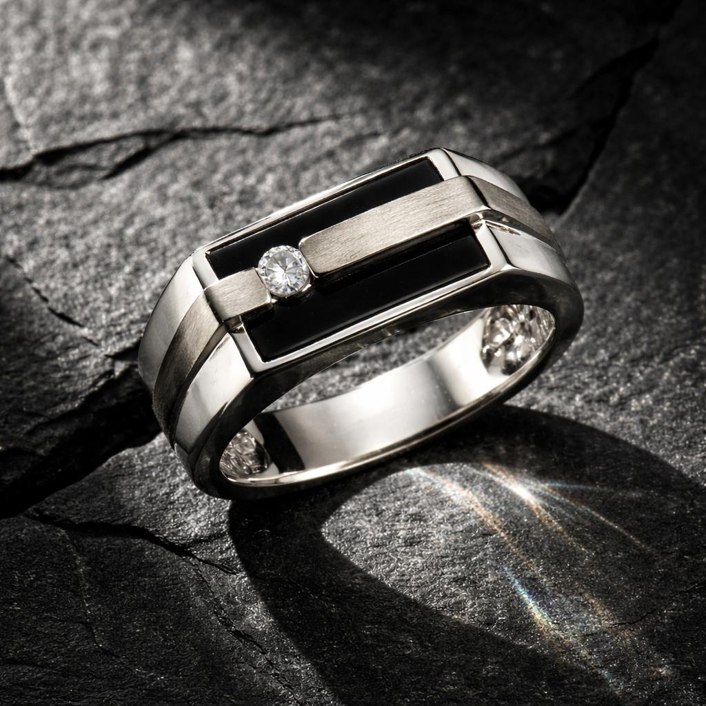 Ring 925/- Sterling Silber rhodiniert mit Onyx und Zirkonia
