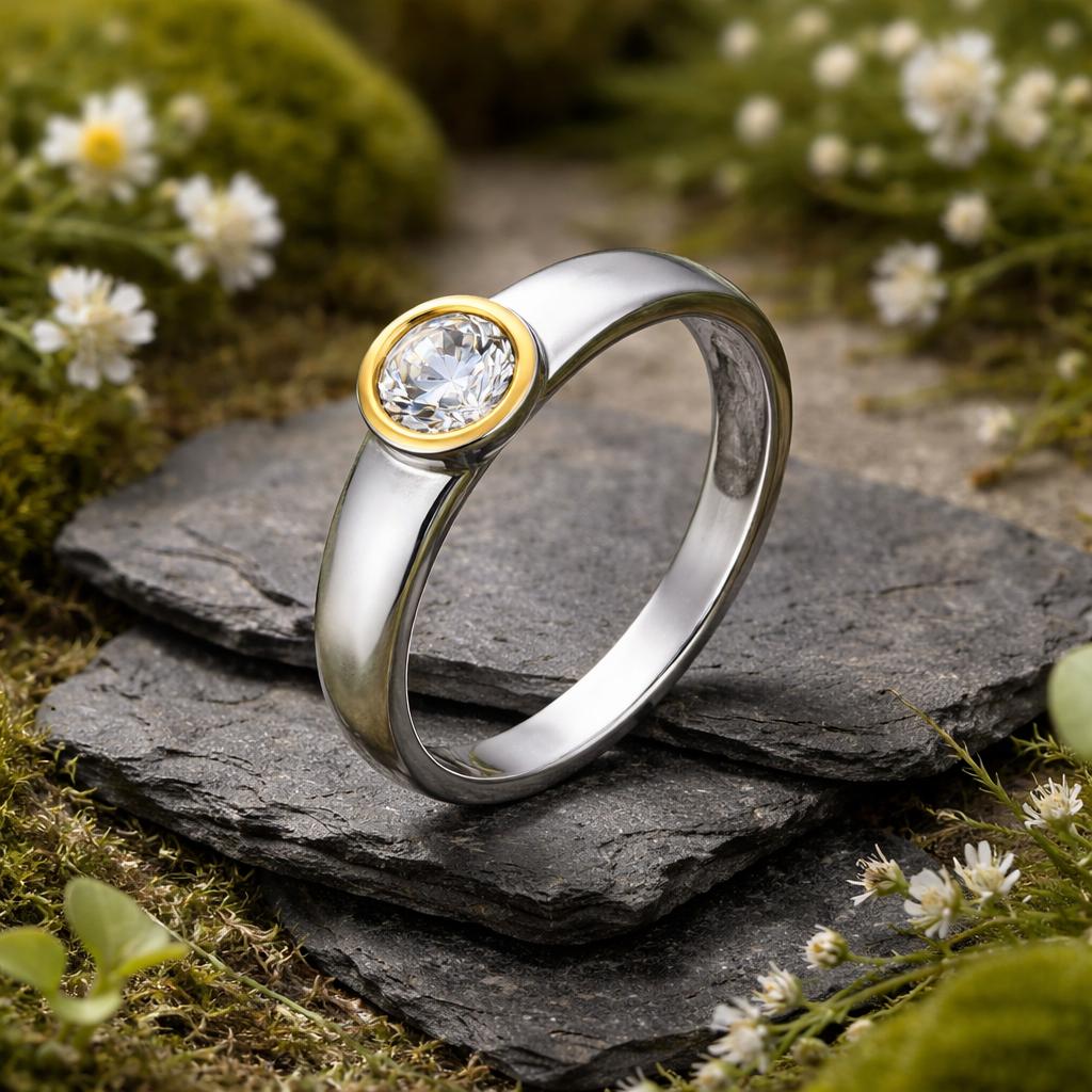 Ring 925/- Sterling Silber rhodiniert teils vergoldet Zirkonia