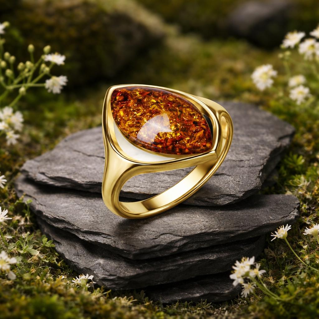 Ring 925/- Sterling Silber vergoldet mit Bernstein
