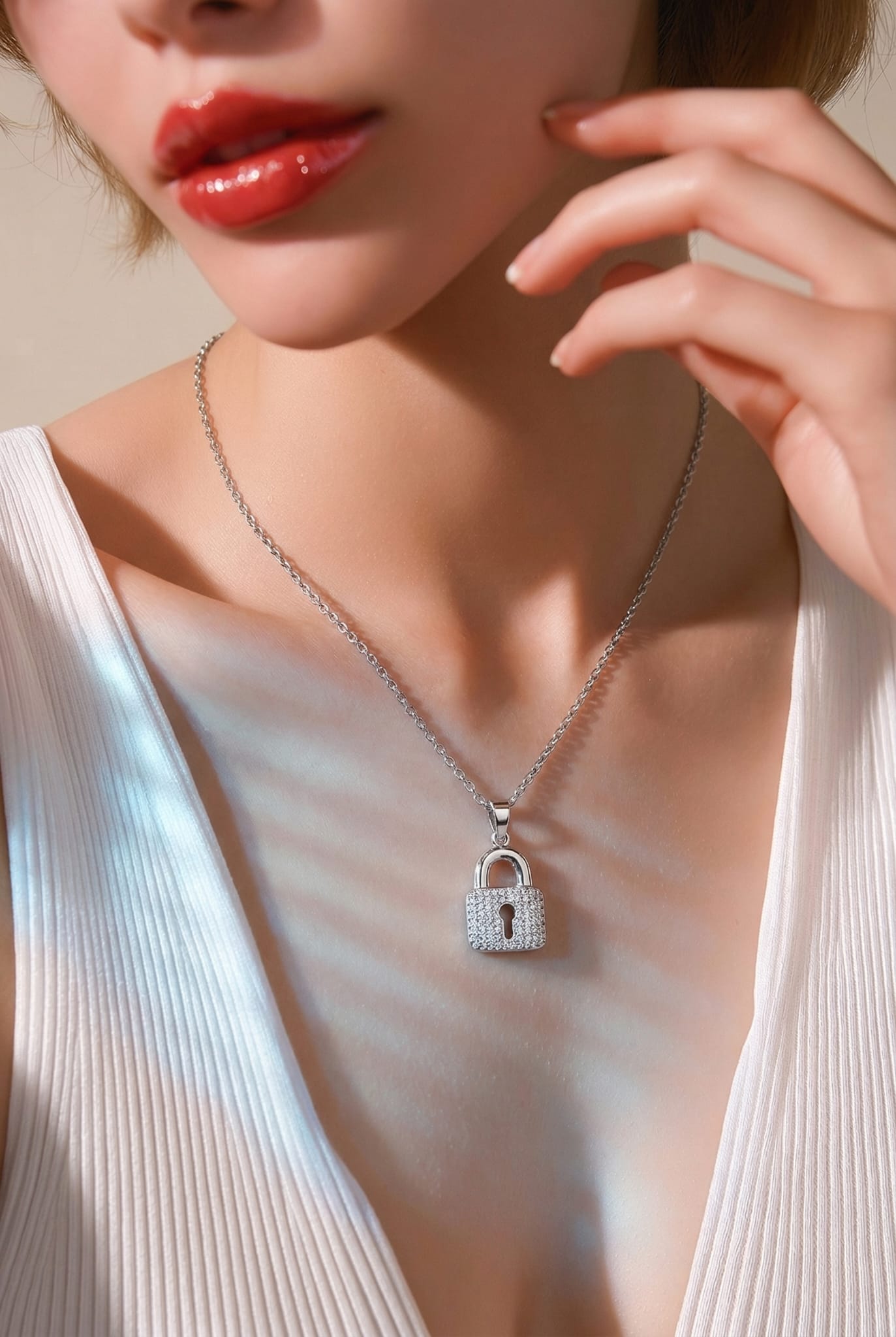 Pendant with Chain 925 Sterling Silver Lock with Cubic Zirconia