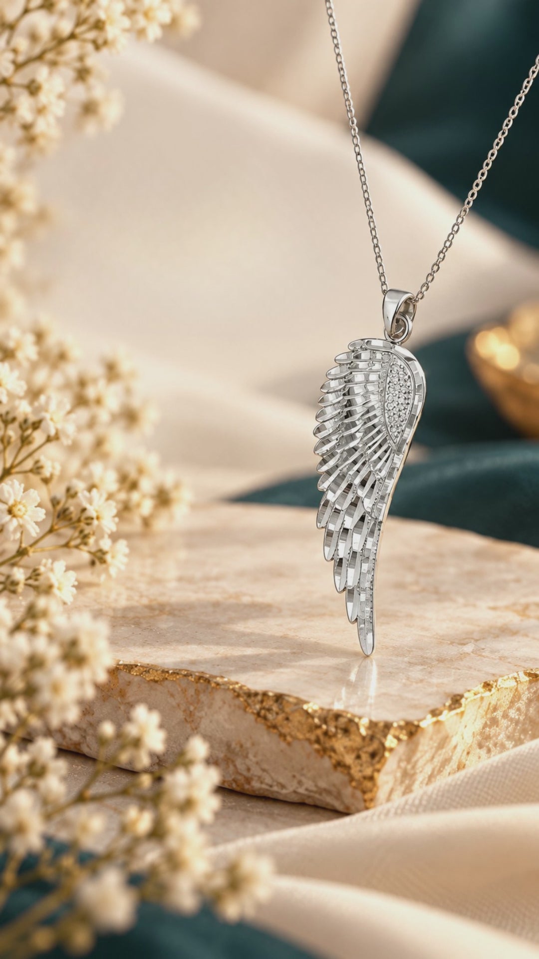 Pendant 37x12mm wing diamond-cut rhodium-plated 925 silver