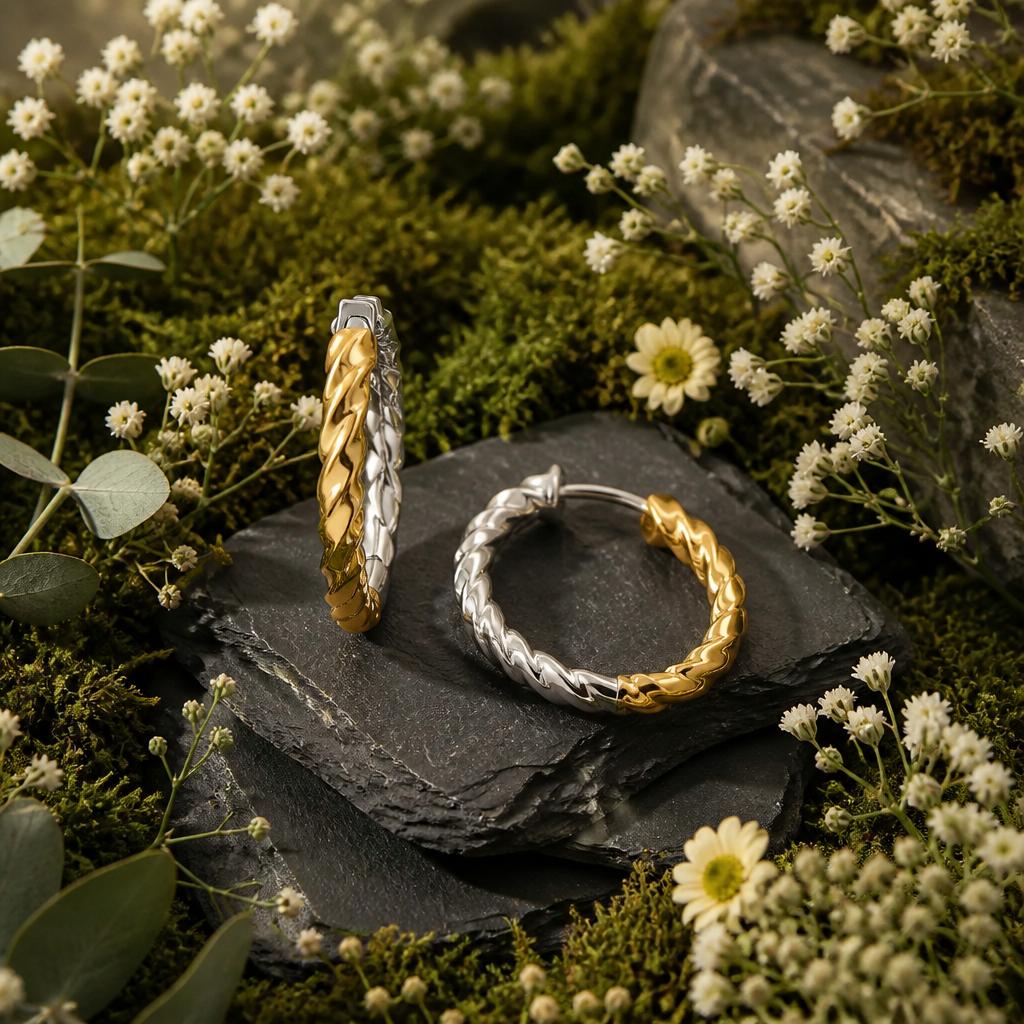 Creoles 925/- Sterling Silver Rhodium Plated and Gold Plated