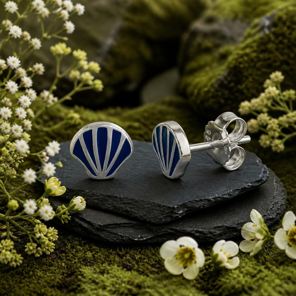 Stud earrings 925 Sterling silver rhodium-plated shell blue enamel