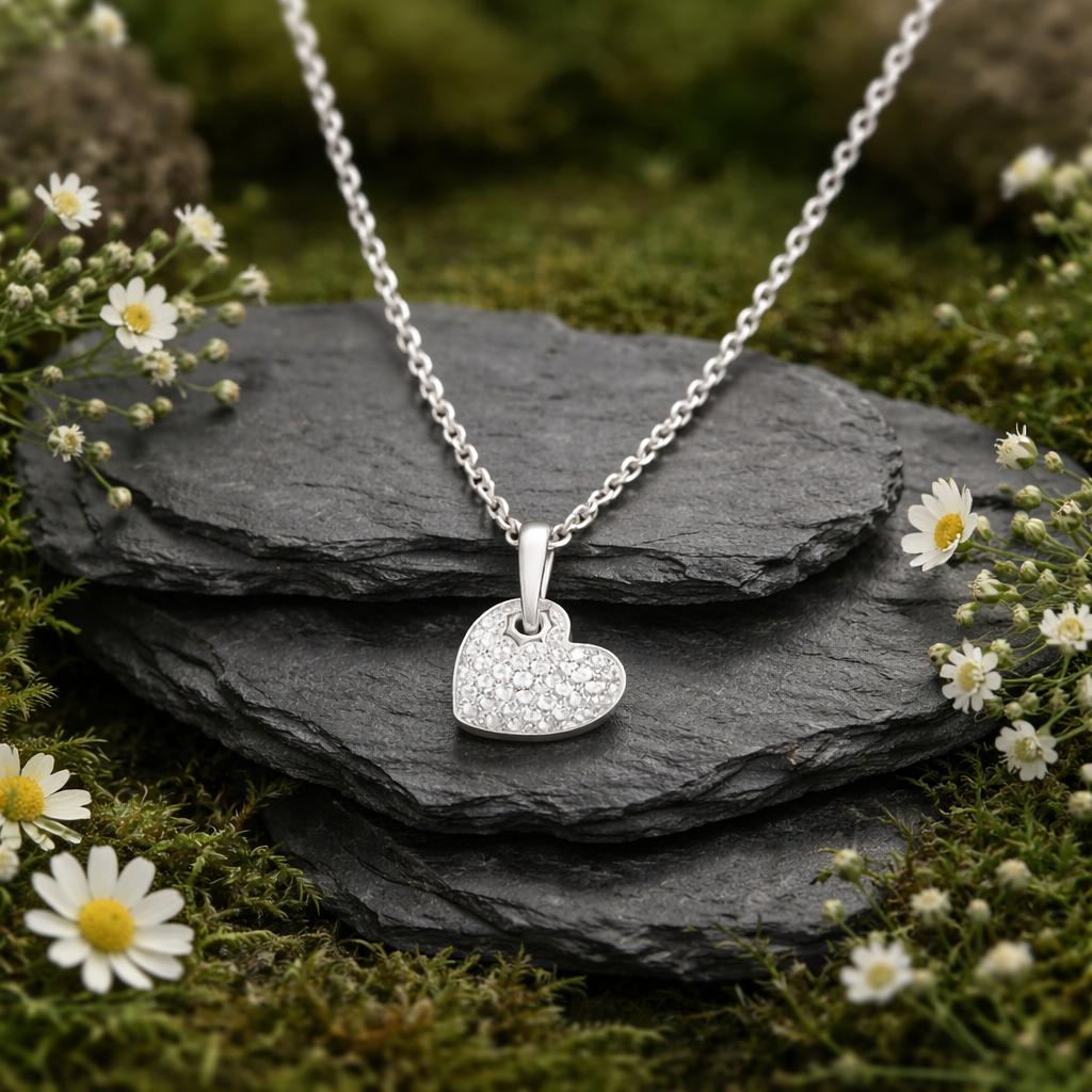 Anhänger mit Kette 925 Sterling Silber rhodiniert Herz Zirkonia